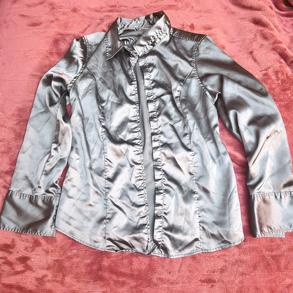 Black silk satin goth shirt - size 12 - Picture 3 of 9